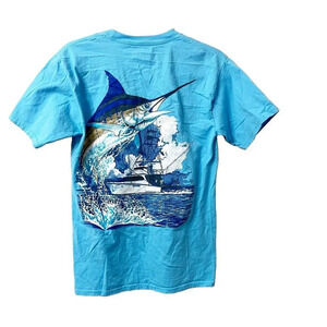 Guy Harvey Mens Blue T Shirt Small Marlin Graphic Pocket Short Sleeve Pullover